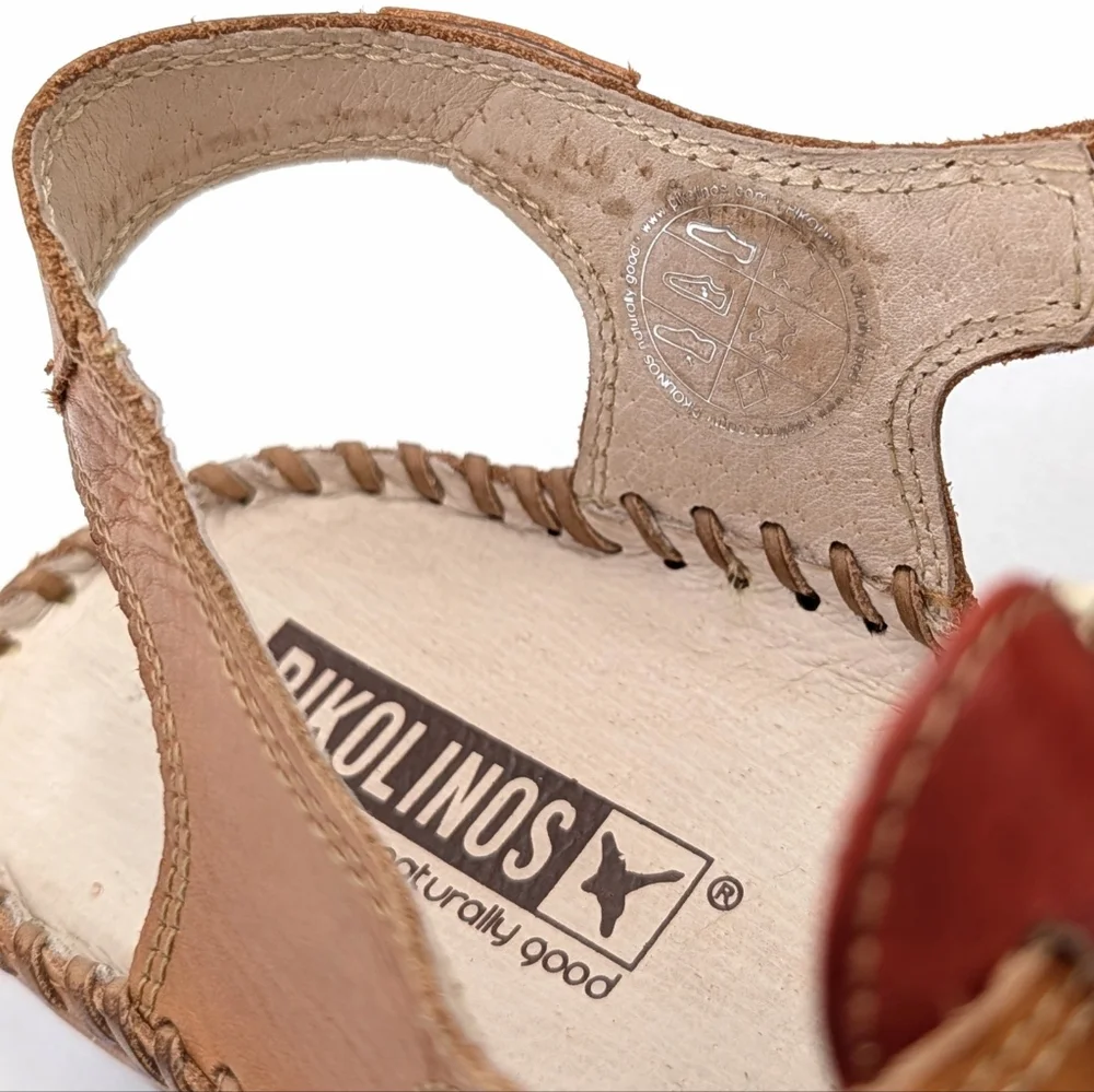 Pikolinos Puerto Vallarta Sandals Leather Slingback Closed Toe Red Tan EU 37